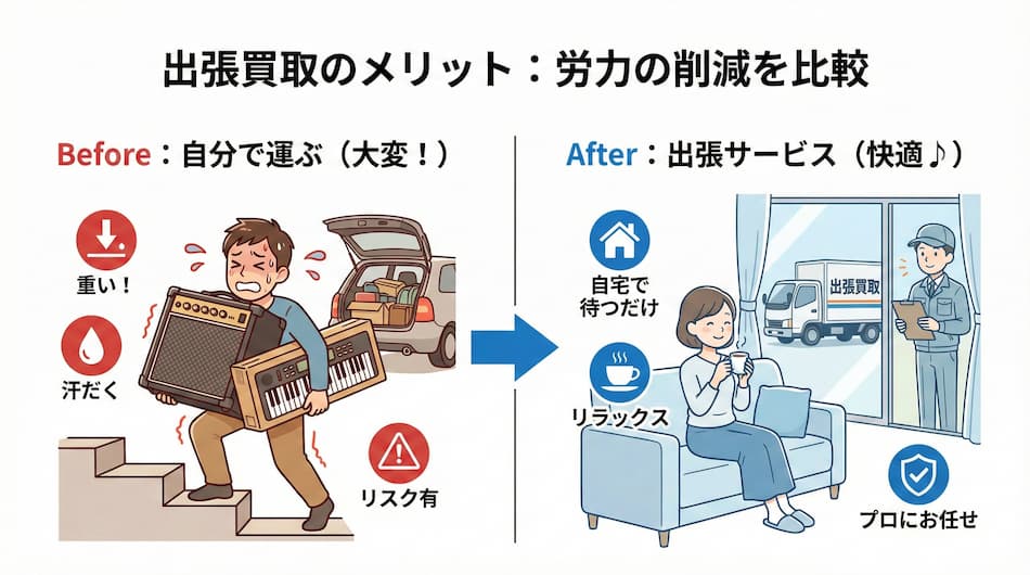 出張買取のメリット：労力削減の比較の図解