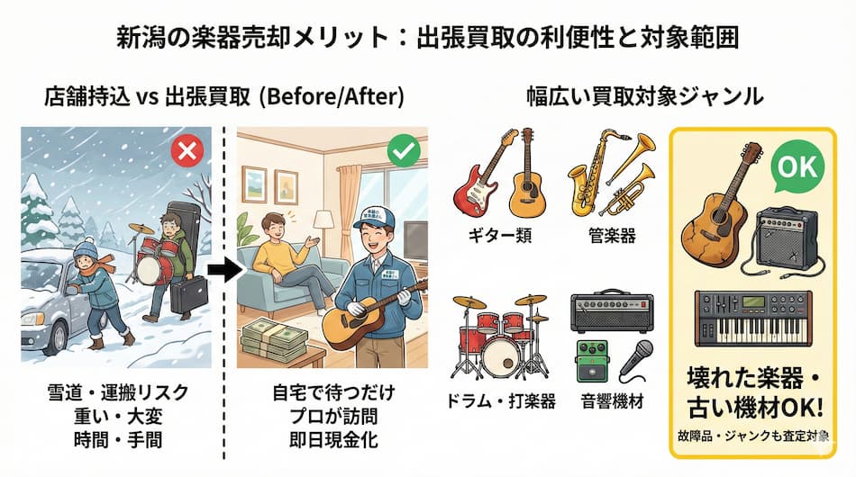 新潟の楽器売却メリット：出張買取の利便性と対象範囲の図解