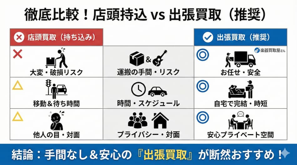 店頭持ち込みvs出張買取の比較図解