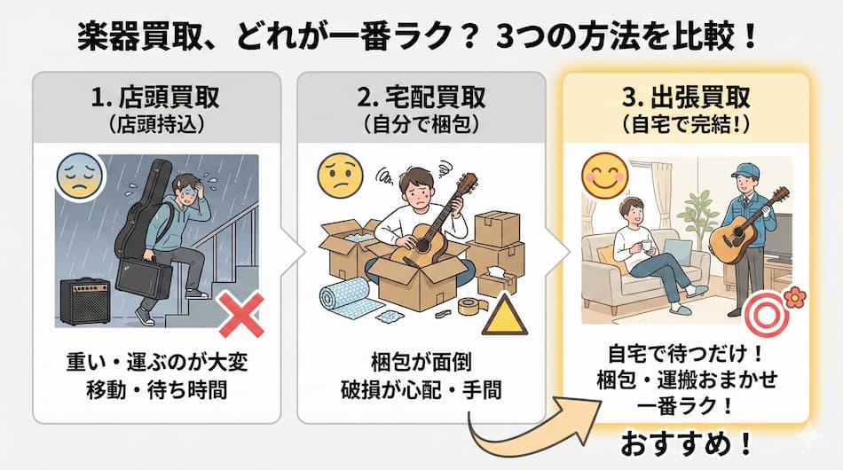 楽器買取の3つの方法比較図