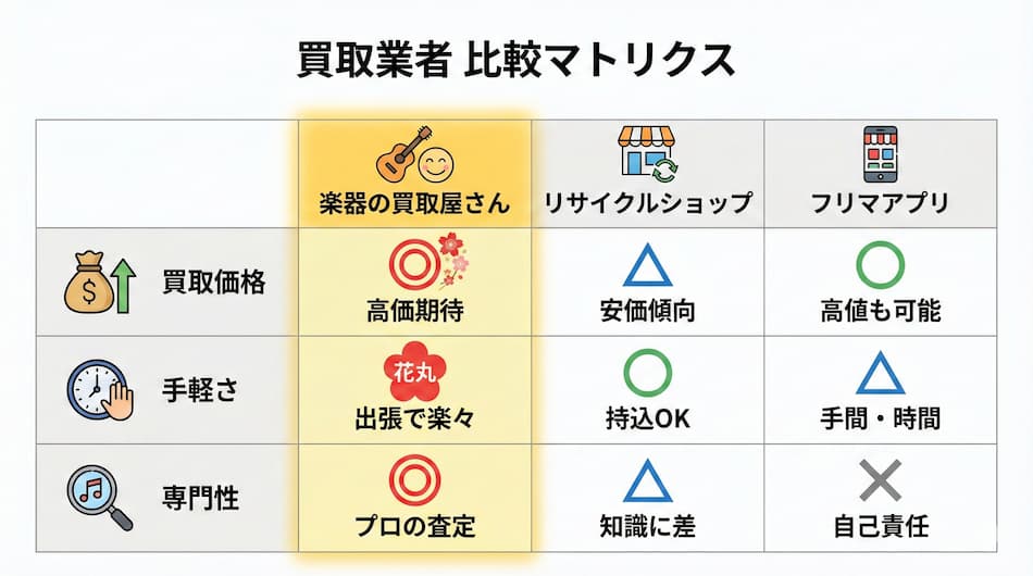 買取各業者の比較マトリクスの図解