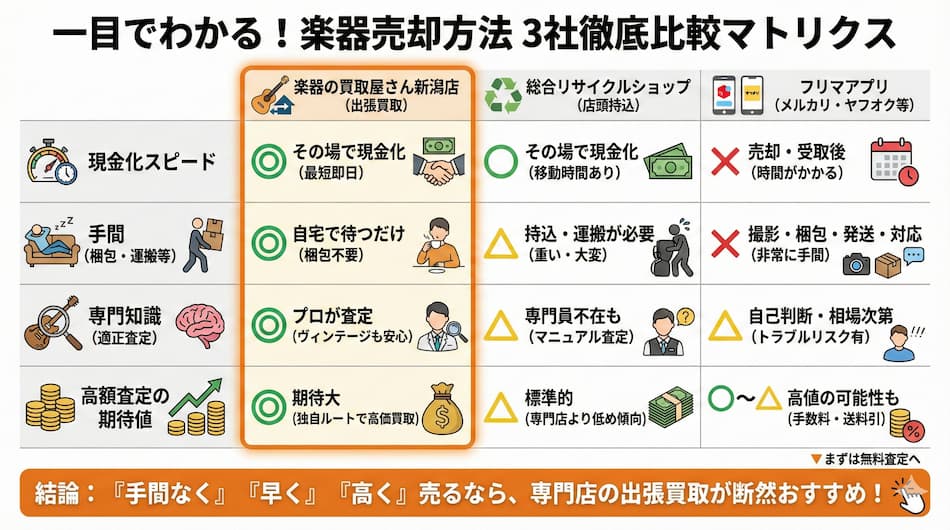 楽器の売却方法3社比較マトリクスの図解