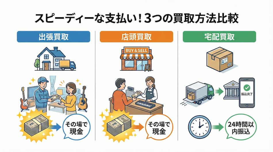 楽器の買取屋さん3つの買取方法の比較図