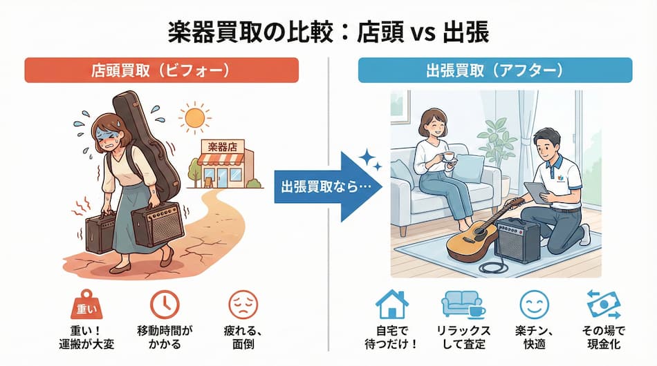 楽器買取の比較：店頭vs出張の図解