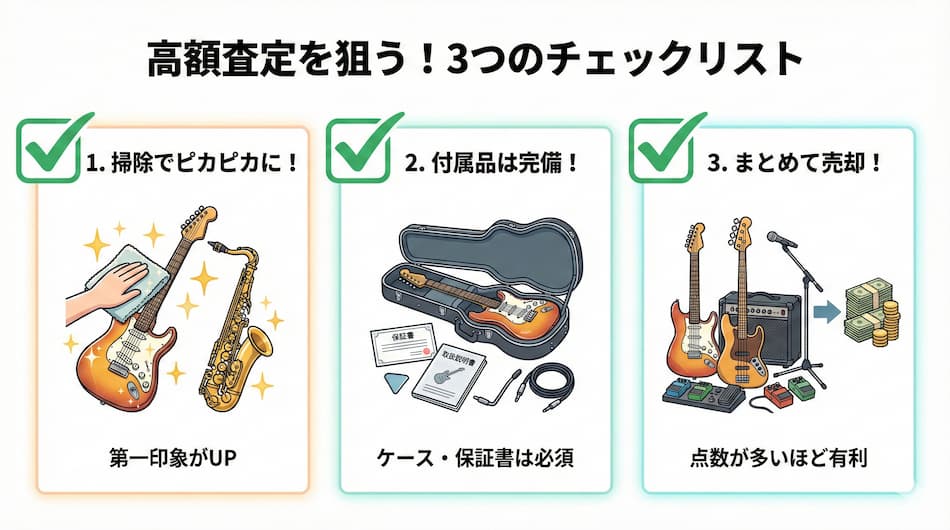 高額査定を狙う3つのチェックリストの図解