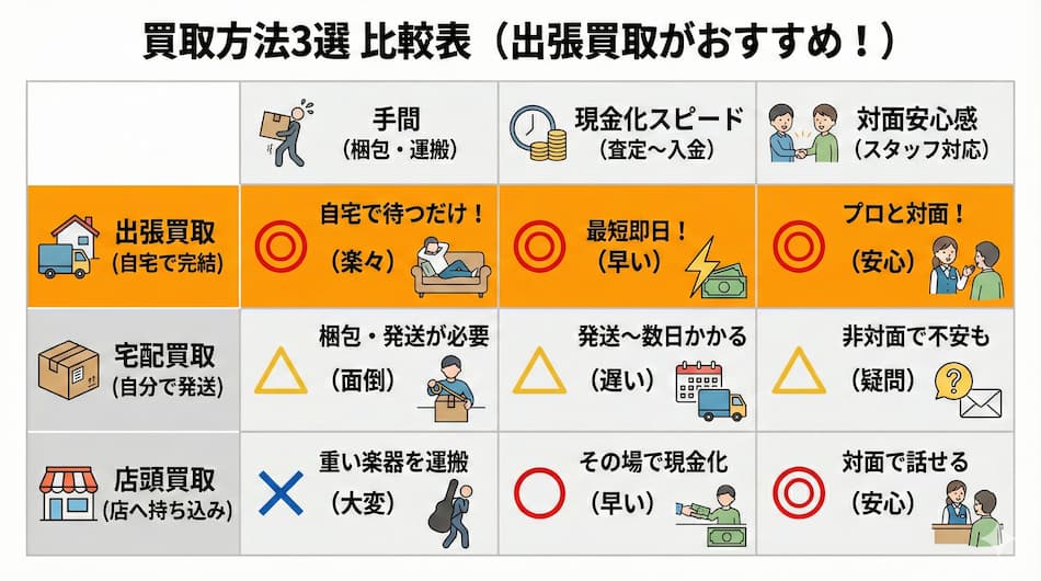 買取方法3選の比較表の図解