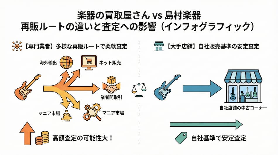 楽器の買取屋さんvs島村楽器の再販ルートの違いと査定への影響の図解