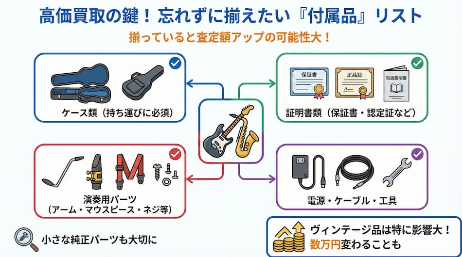 高価買取の鍵・揃えたい付属品リストの図解