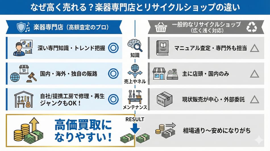 楽器専門店とリサイクルショップの違いの図解