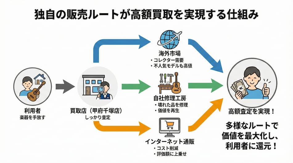 独自の販売ルートが高額買取を実現する仕組みの解説図解