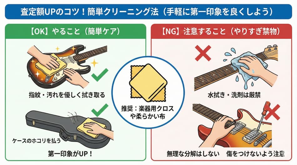 楽器の買取屋さん 査定額UPのコツ 簡単クリーニング法の図解