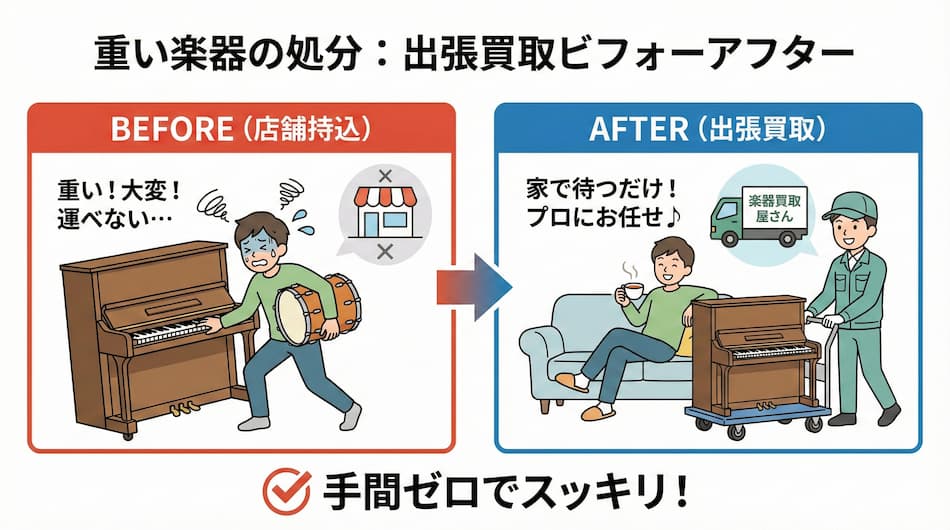 重い楽器の処分：出張買取ビフォーアフターの図解