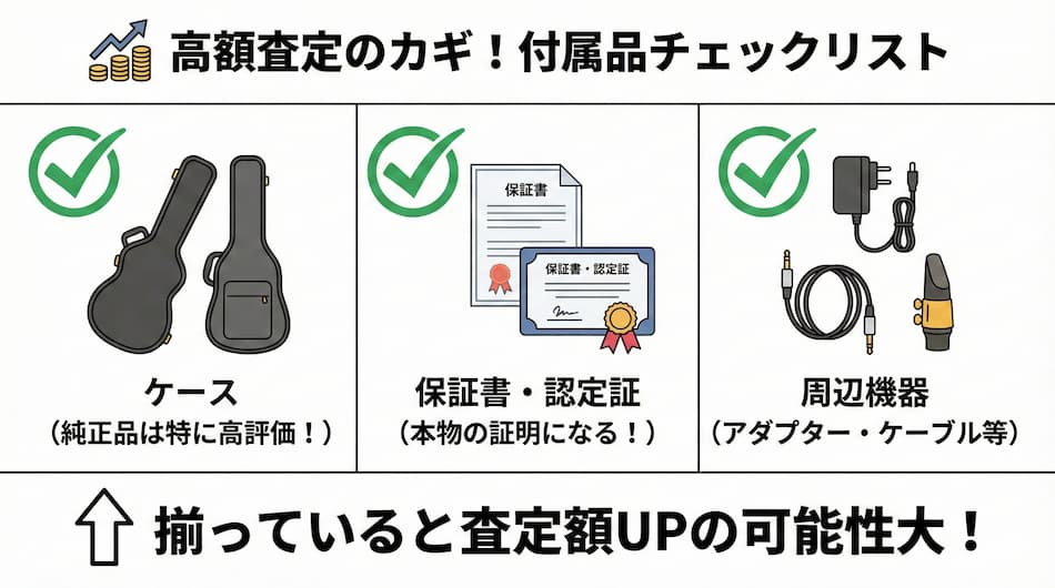 高額査定のポイント｜付属品チェックリストの図解