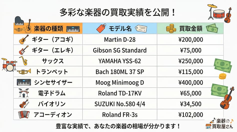 多彩な楽器の買取実績を公開の図解