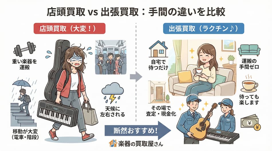 店頭買取vs出張買取：手間の違いを比較の図解
