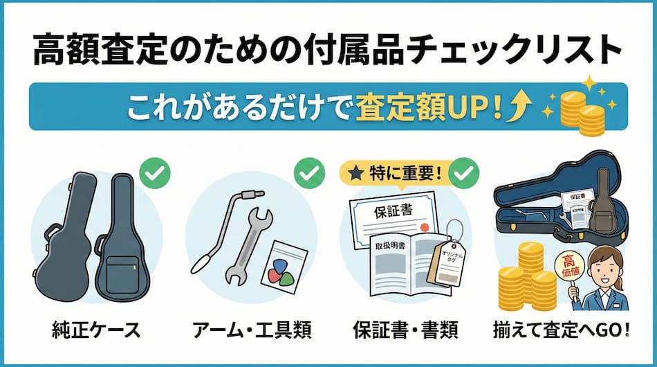 高額査定のための付属品チェックリストの図解