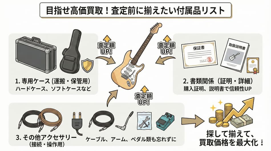 査定前に揃えたい付属品リストの図解