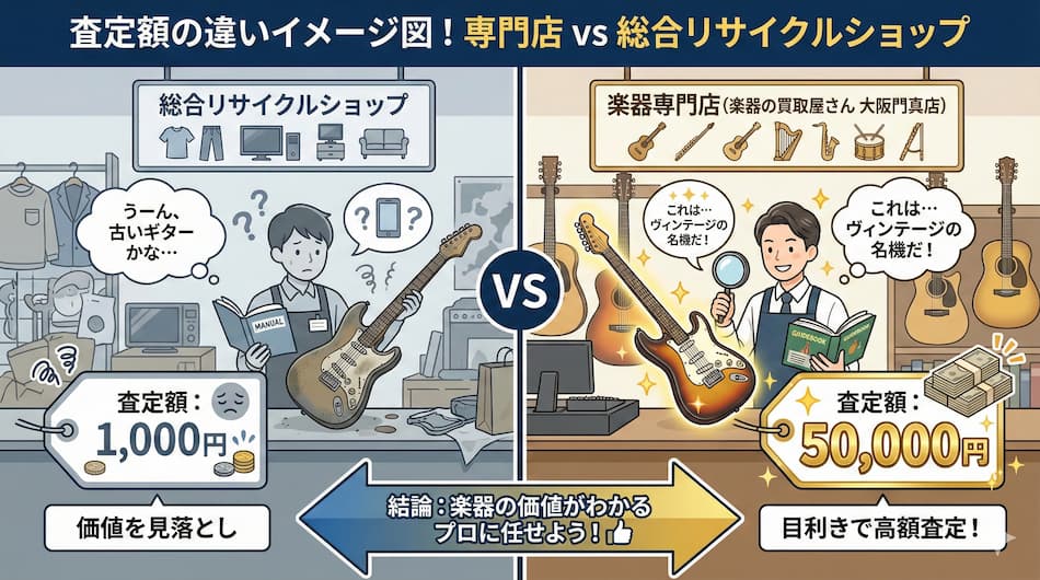査定額の違いイメージ図：専門店vs総合リサイクルショップの図解