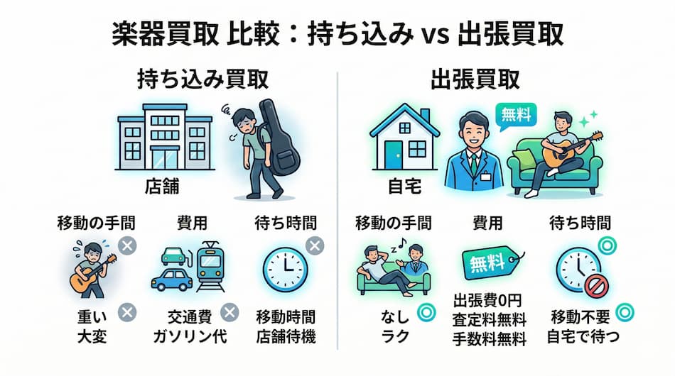楽器買取比較：持ちこみvs出張買取の図解