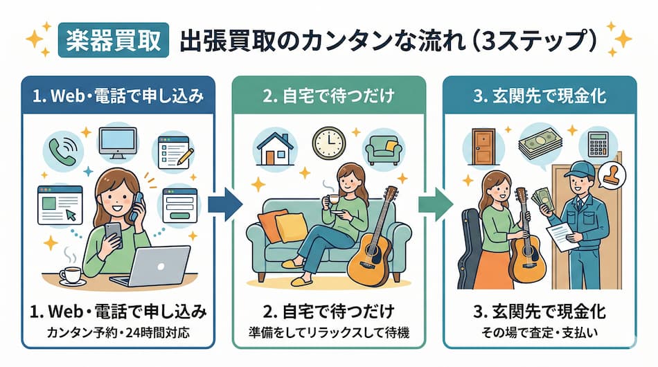 楽器買取：出張買取の簡単な流れの図解