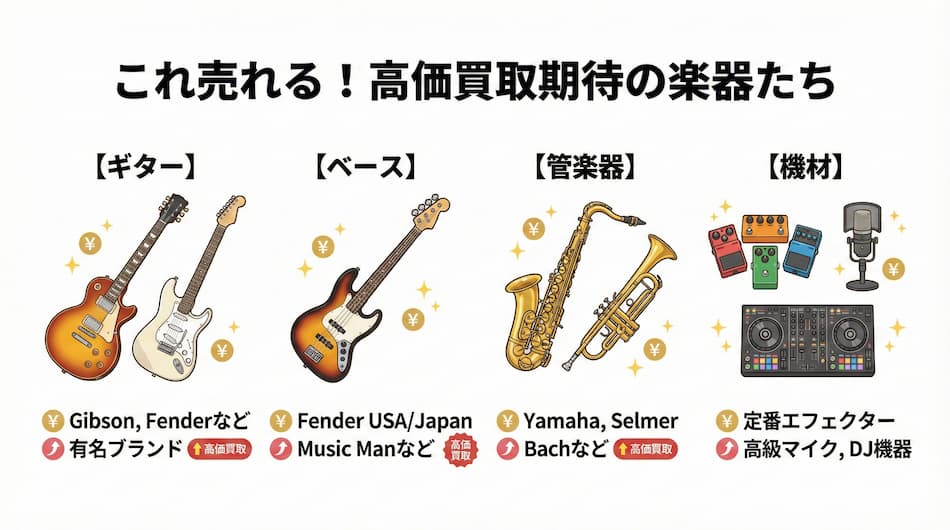 高価買取が期待できる楽器たちの図解