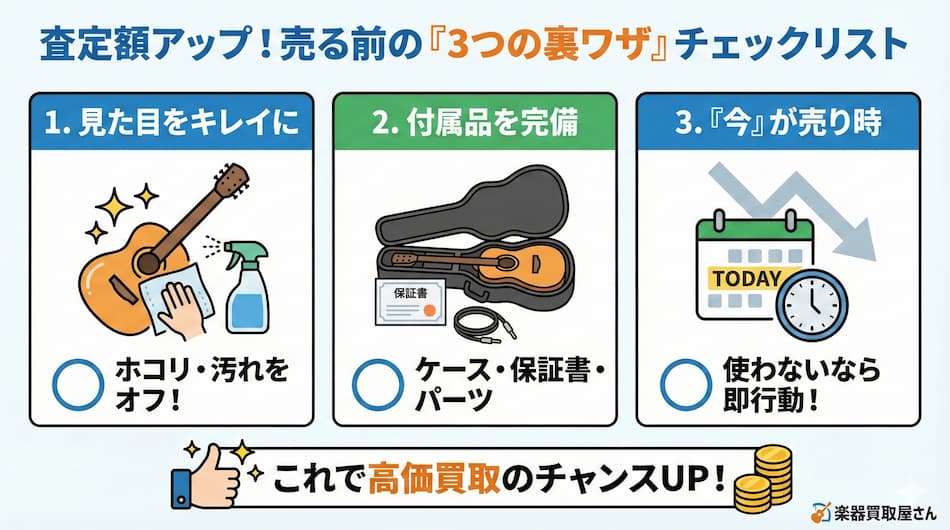 査定額アップ売る前のチェックリストの図解