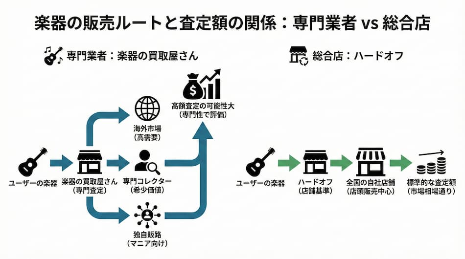 楽器の販売ルートと査定額の関係:専門業者vs総合店の解説図解