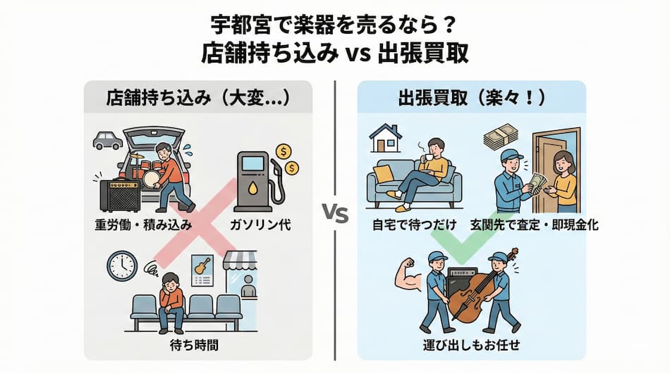 宇都宮で楽器を売るなら？店舗持ちこみvs出張買取の図解