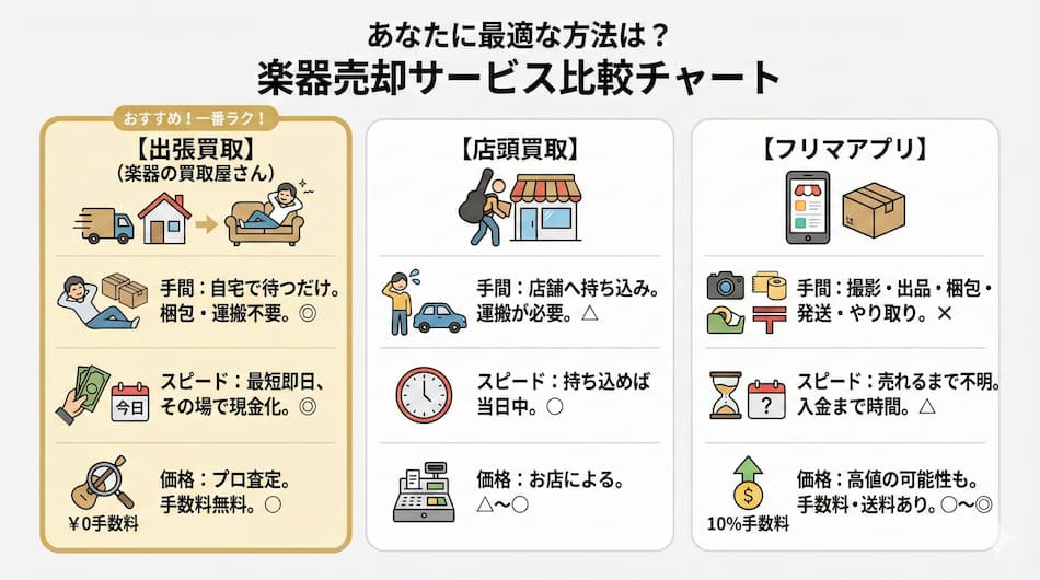 あなたに最適な方法は？楽器売却サービス比較チャートの図解