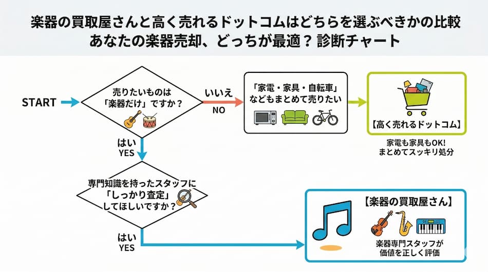 楽器の買取屋さんと高く売れるドットコムのどちらを選ぶべきか？の診断チャート図