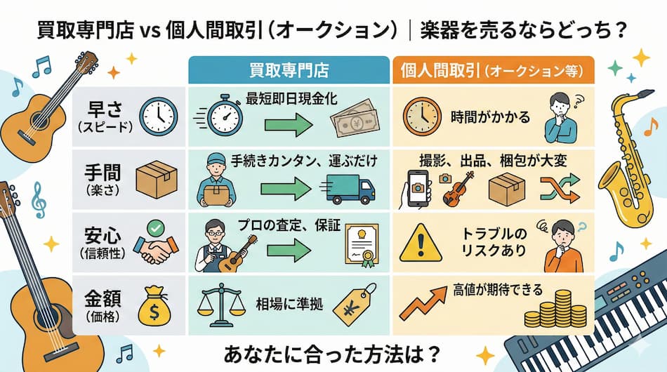 買い取り専門店vs個人間取引:楽器を売るならどっちの図解