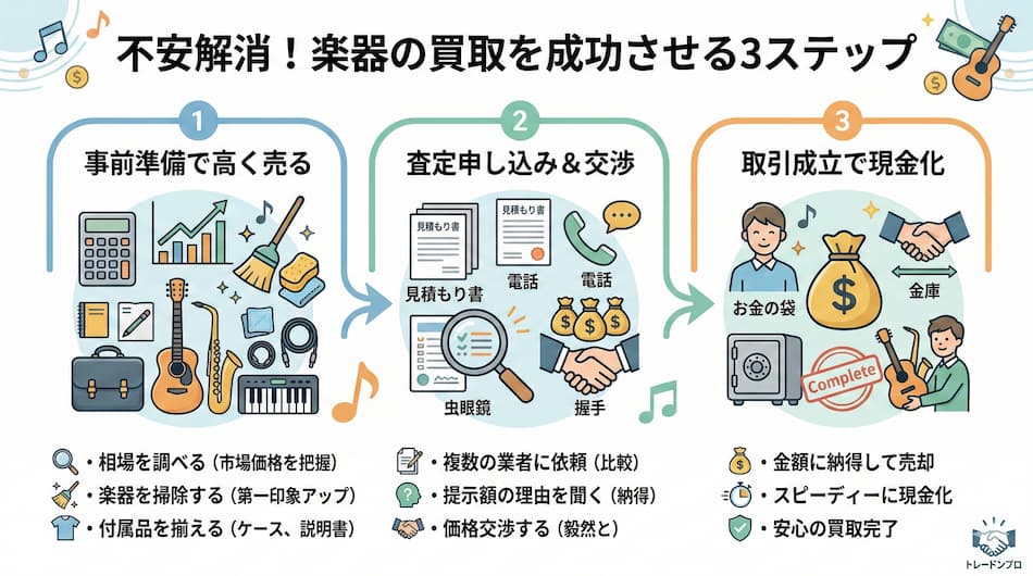 不安解消:楽器の買取を成功させる3ステップの図解